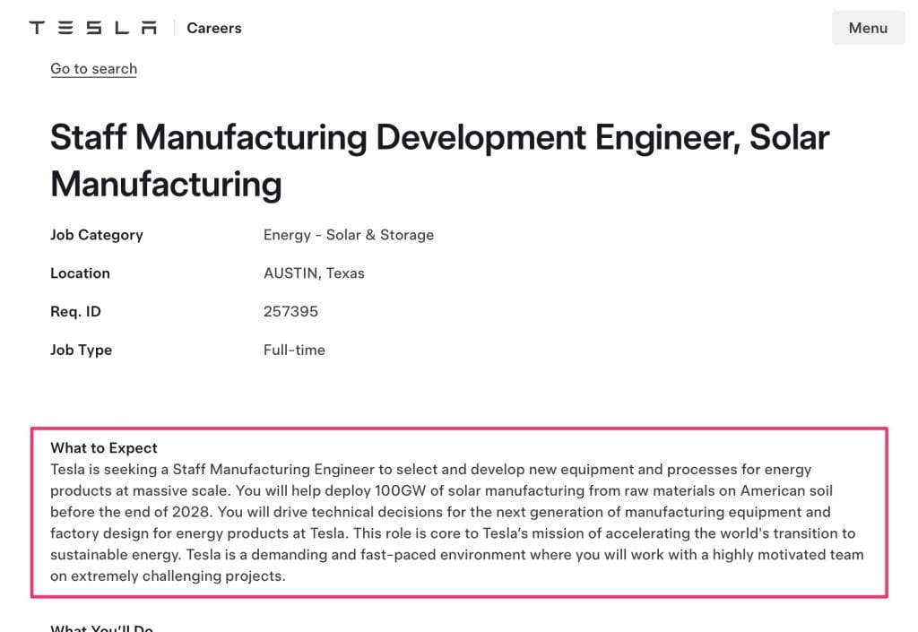Tesla job description for Staff Manufacturing Development Engineer, Solar Manufacturing
