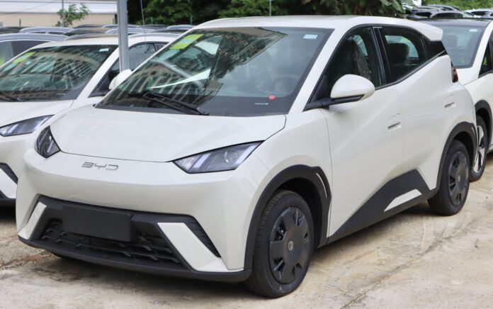 A white BYD Seagull compact electric hatchback parked in Shenzhen, China