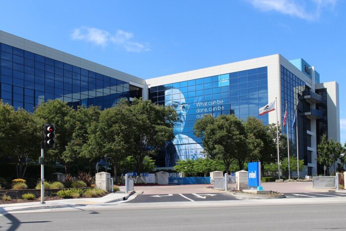 Intel headquarters building at 2200 Mission College Boulevard in Santa Clara, California