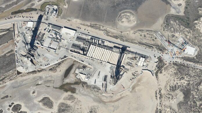 Aerial view of the SpaceX Starbase launch site at Boca Chica, Texas, in early 2026