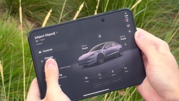 Foldable phone showing the Tesla app's two-column layout with a menu on the left and a large 3D view of the car on the right