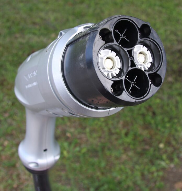 Close-up of a CHAdeMO DC fast-charging connector