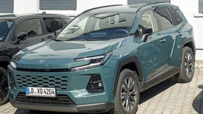 Green sixth-generation Toyota RAV4, the first Toyota built on the Arene software platform